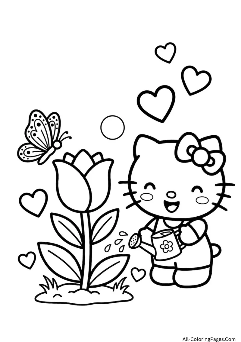Hello Kitty watering a big tulip with a watering can while a butterfly flies nearby