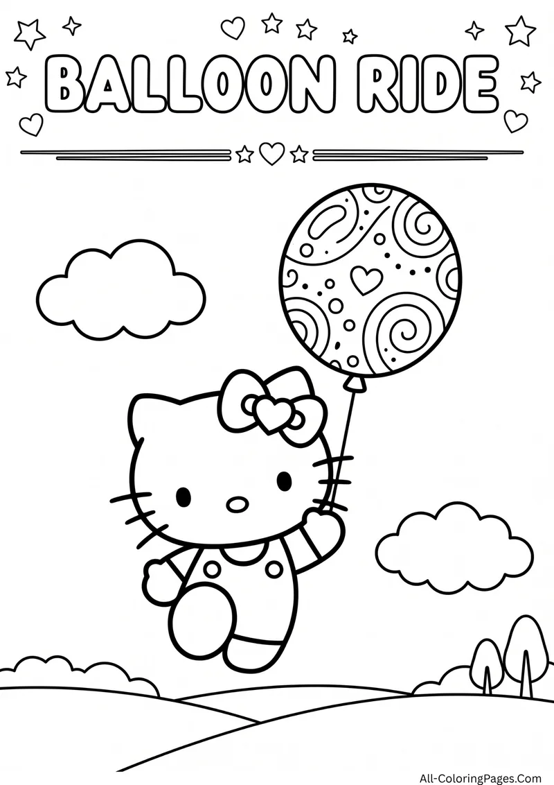Hello Kitty holding a large balloon with swirl patterns on a hill with clouds and tiny trees