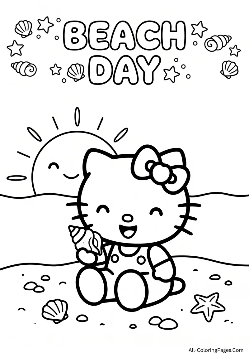 Hello Kitty sitting on the sand holding a seashell, with a smiling sun, shells and a starfish around her