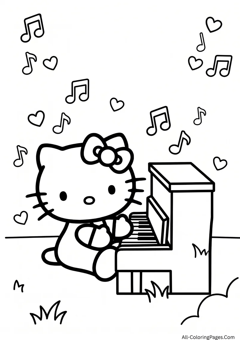 Hello Kitty sitting at an upright piano with music notes floating around her