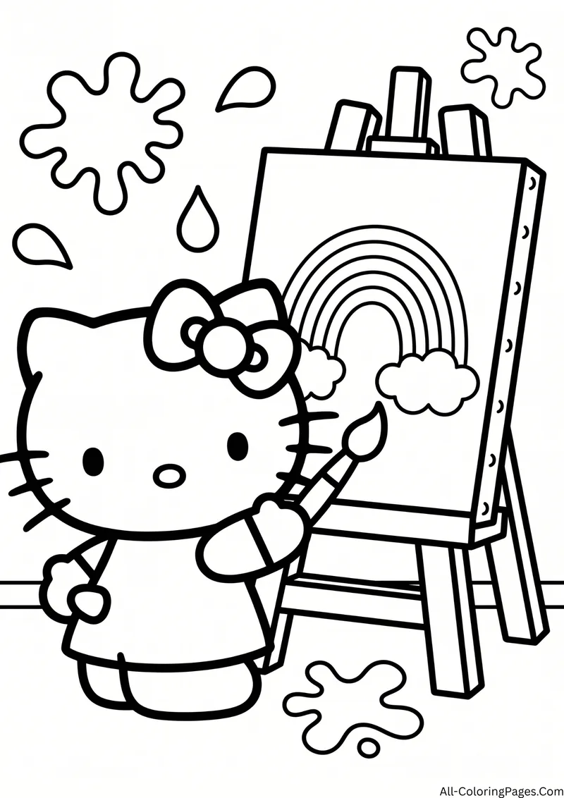 Hello Kitty holding a paintbrush beside an easel with a rainbow painting and paint splashes