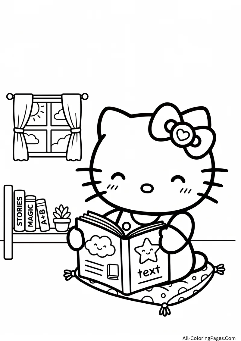 Hello Kitty sitting on a cushion reading a big storybook beside a window, a bookshelf and a small plant
