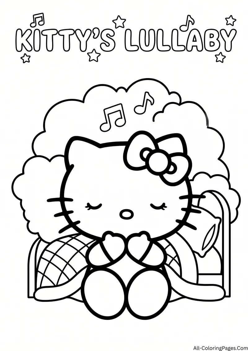 Hello Kitty with closed eyes snuggling under a checked quilt with music notes above her head