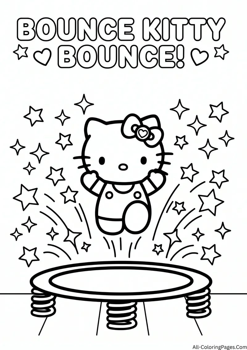 Hello Kitty jumping above a trampoline surrounded by many stars and sparkles