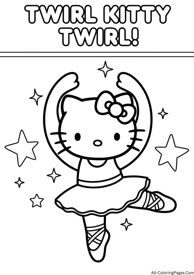 Hello Kitty dancing in a tutu and ballet shoes with her arms above her head and stars around her