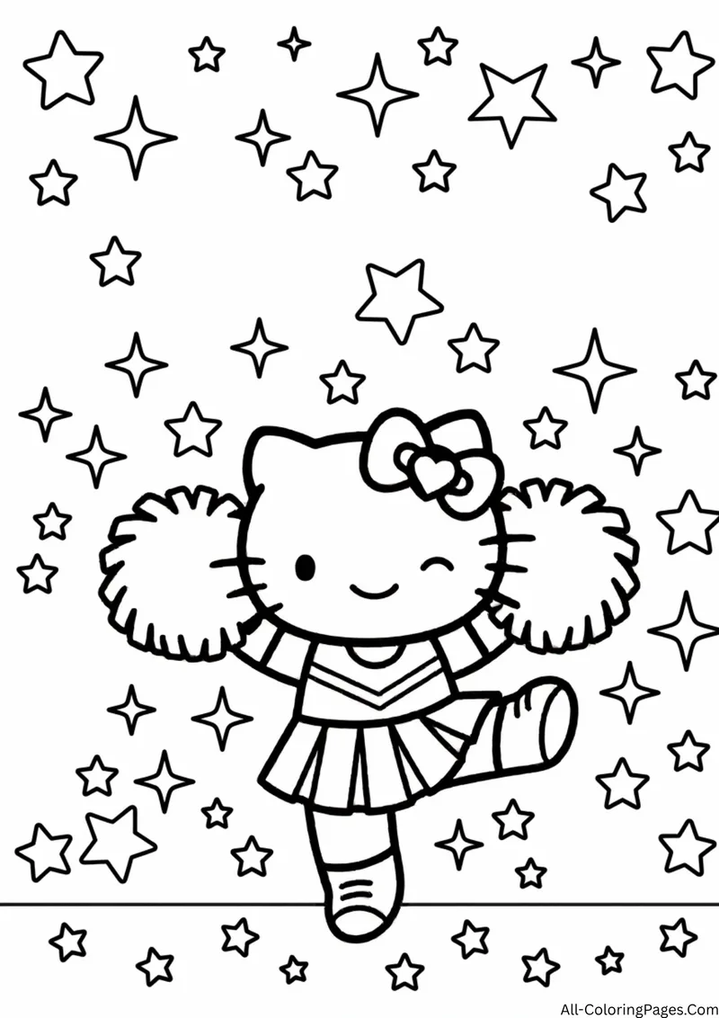 Hello Kitty cheering in a cheerleader outfit with two pom poms and many stars around her