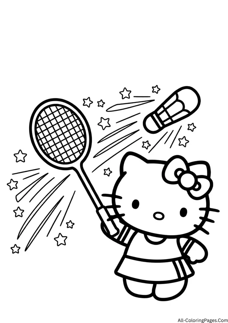 Hello Kitty holding a badminton racket with a shuttlecock flying above and motion lines around it