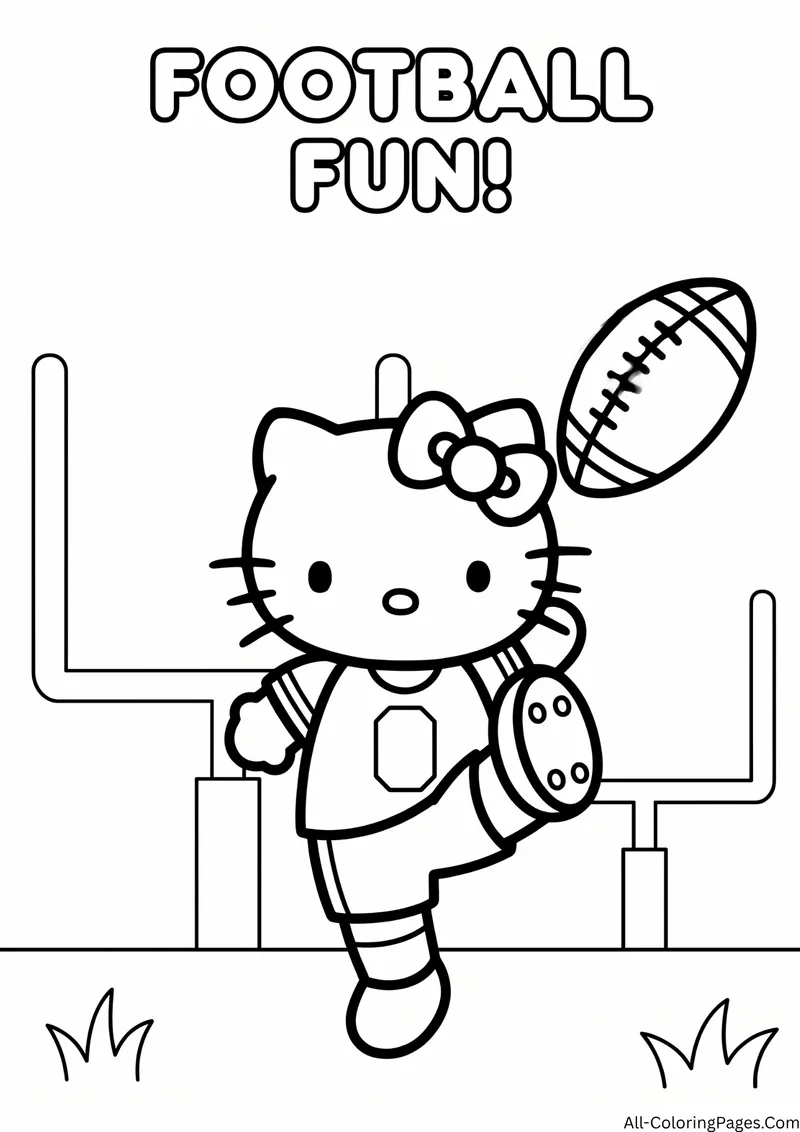 Hello Kitty in a football jersey kicking a ball in front of tall goalposts