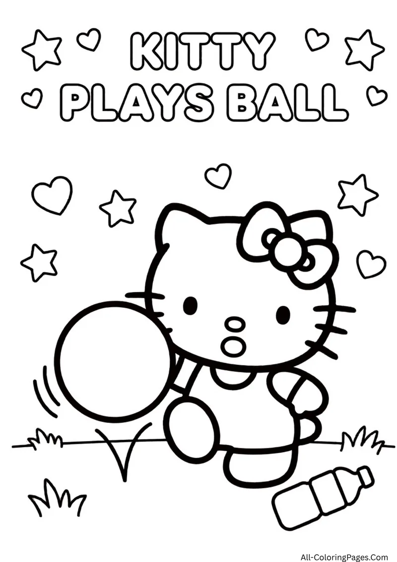 Hello Kitty kicking a large round ball on the grass with a water bottle nearby and stars and hearts above