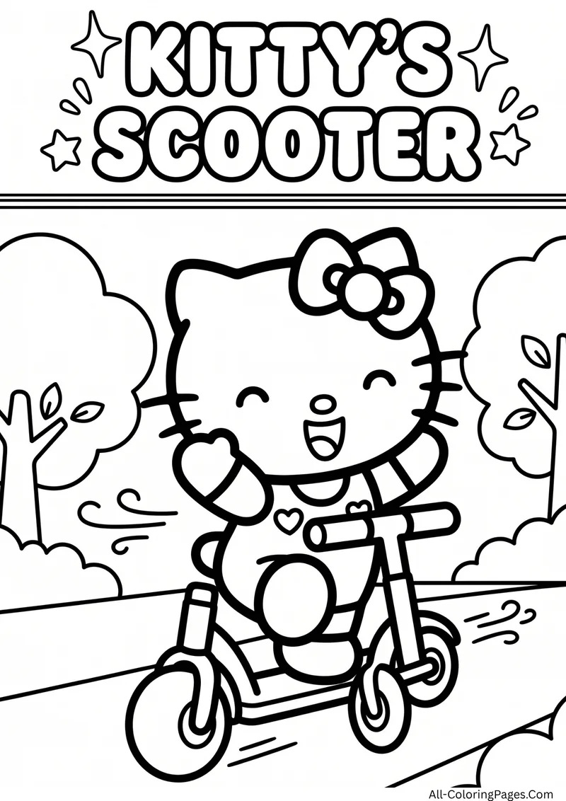 Hello Kitty riding a scooter along a path with trees and wind lines