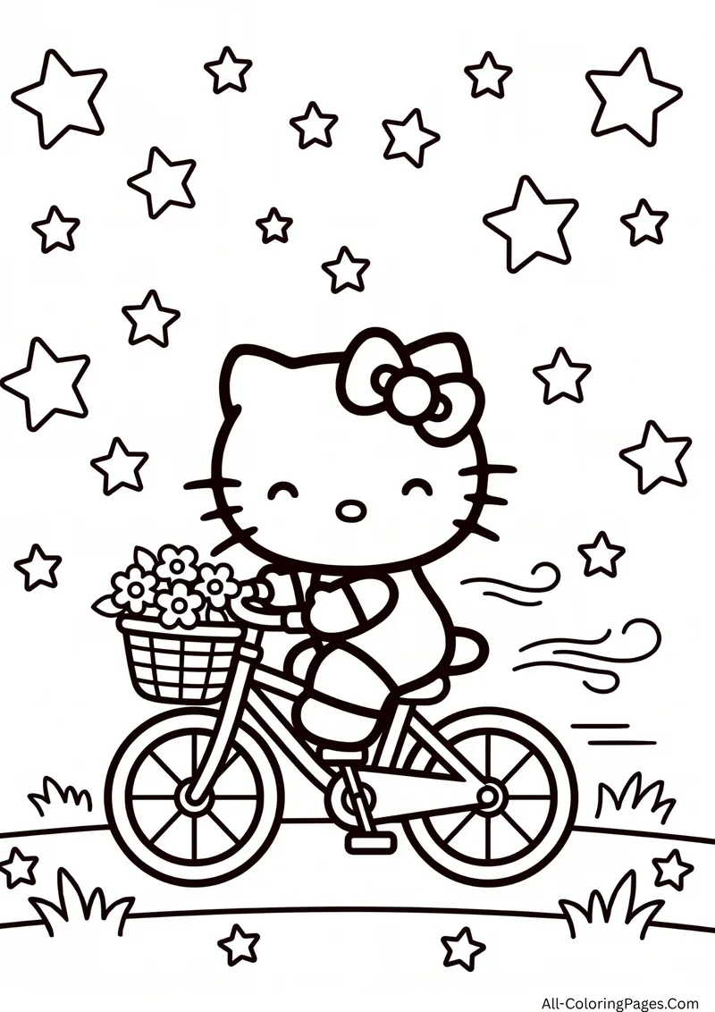 Hello Kitty riding a bicycle with a basket full of flowers under many stars