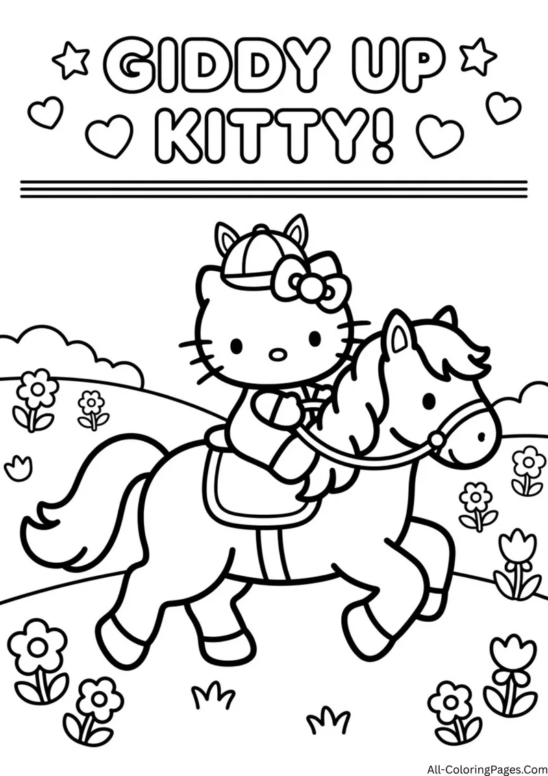 Hello Kitty wearing a riding helmet on a pony in a flower meadow under the words Giddy Up Kitty