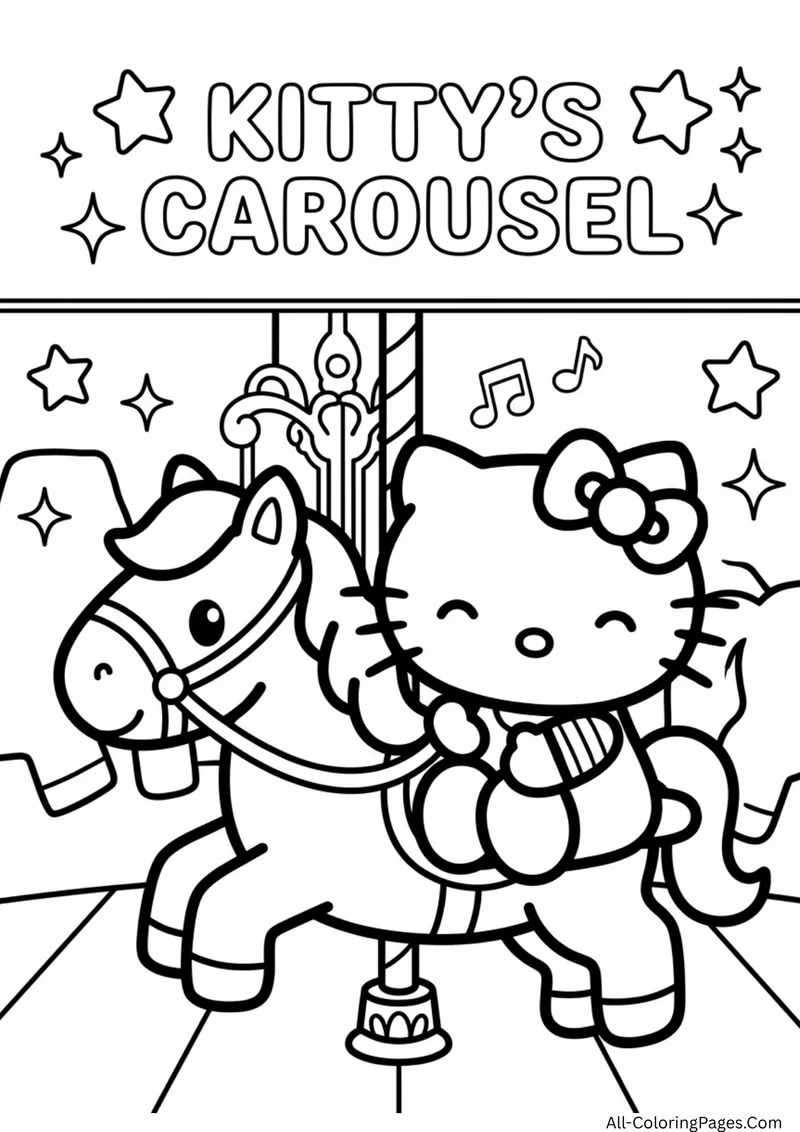 Hello Kitty riding a carousel pony with stars and music notes in the background
