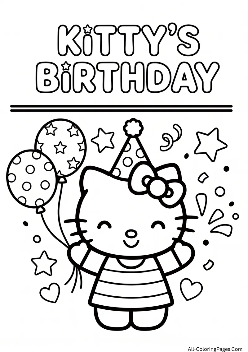 Hello Kitty wearing a party hat and holding balloons with confetti and stars around her