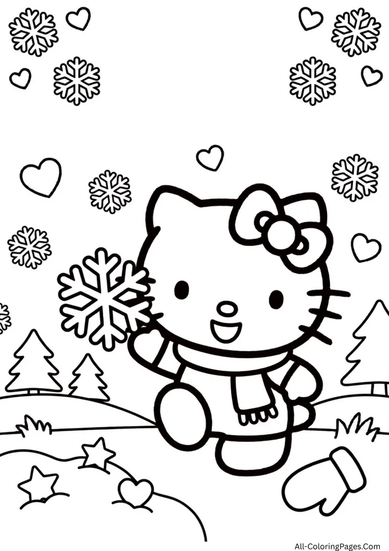 Hello Kitty in a scarf holding a large snowflake with pine trees, hearts and a mitten on the snow
