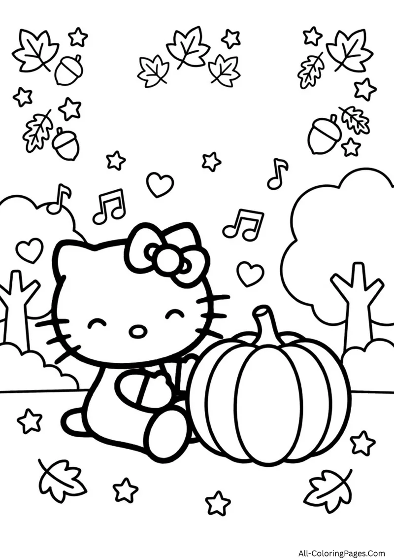 Hello Kitty sitting beside a big pumpkin with autumn leaves, acorns and music notes around her