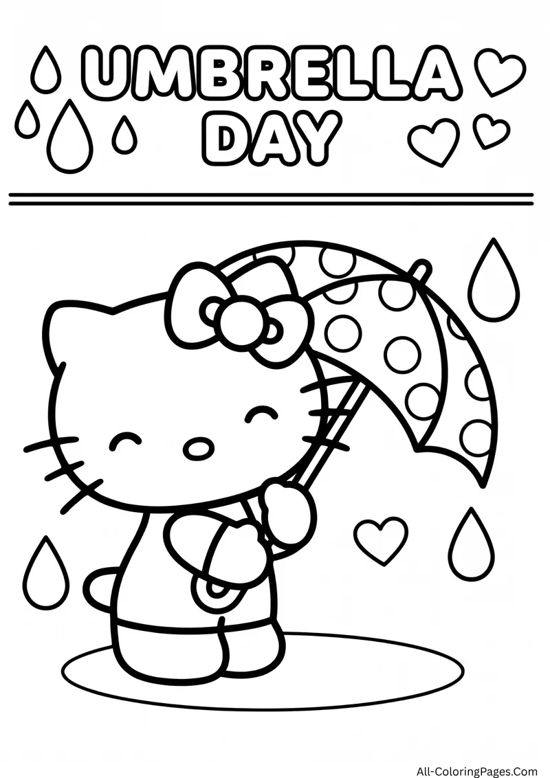 Hello Kitty holding a polka dot umbrella under falling raindrops with small hearts