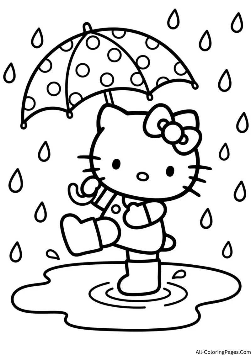 Hello Kitty in rain boots splashing in a puddle while holding a polka dot umbrella in the rain
