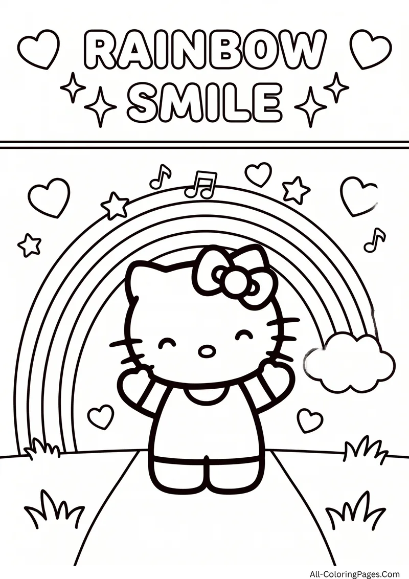 Hello Kitty waving in front of a large rainbow with clouds, hearts and music notes