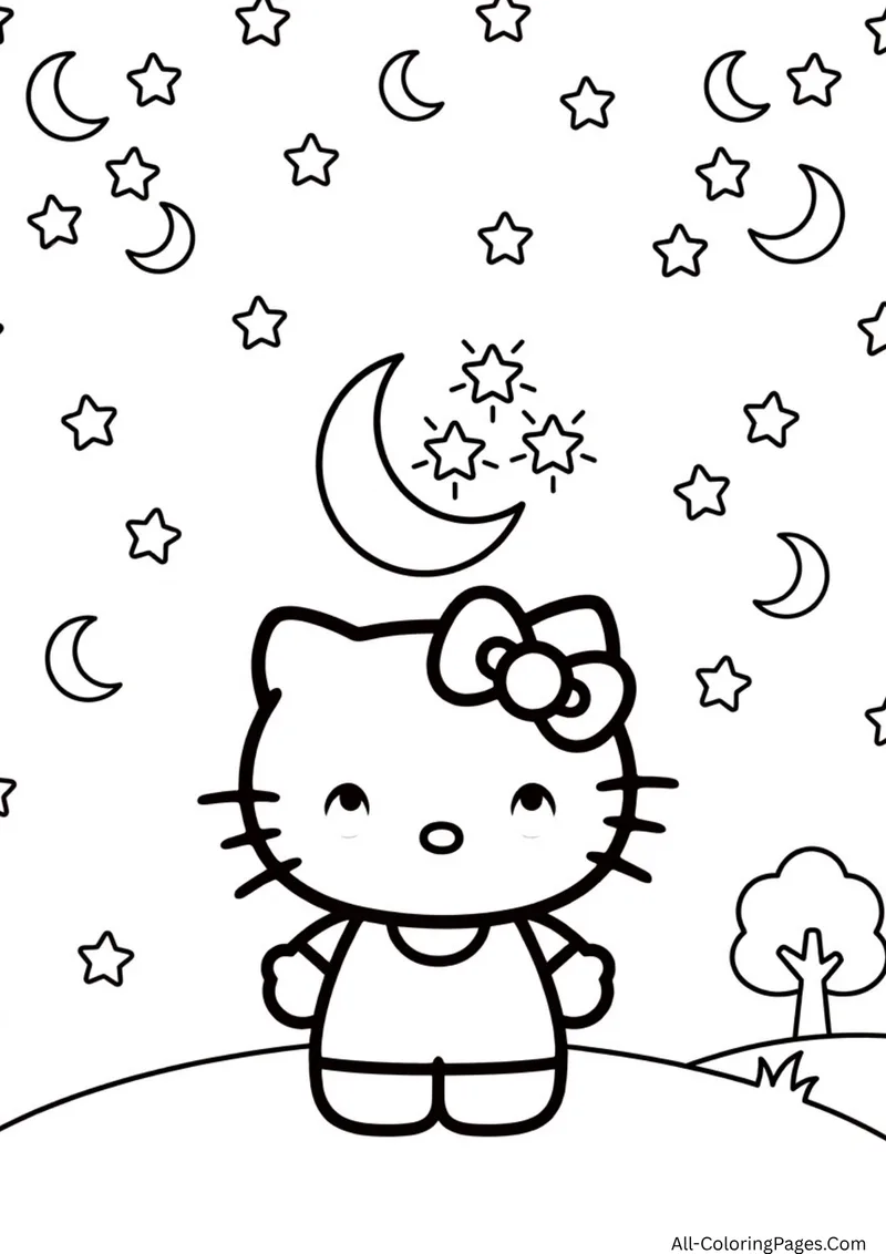 Hello Kitty standing on a grassy hill beneath a crescent moon with many stars and small moons