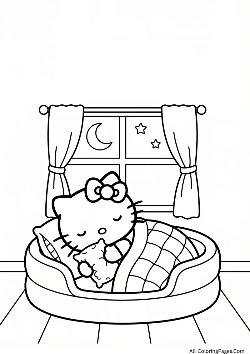 Hello Kitty sleeping in a round bed under a checked blanket beside a window showing a crescent moon