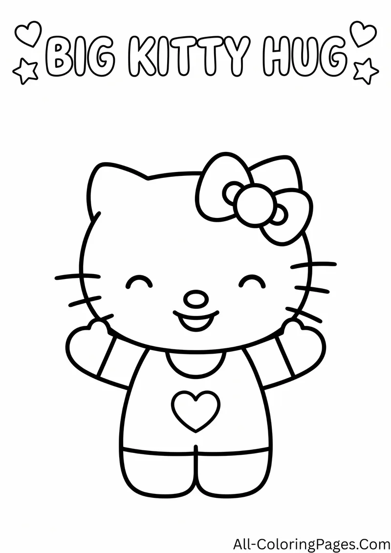 Hello Kitty smiling with her arms raised for a hug, wearing a shirt with a heart