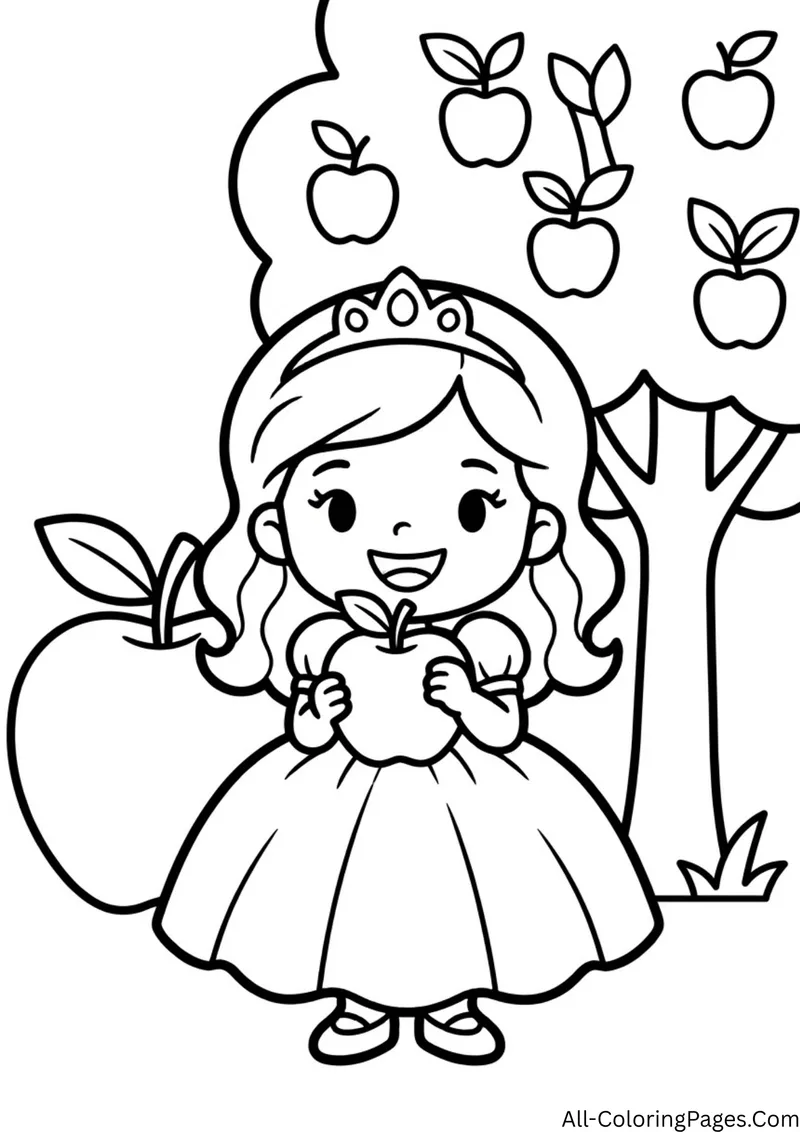Princess with a tiara holding a shiny apple beside an apple tree with more apples overhead