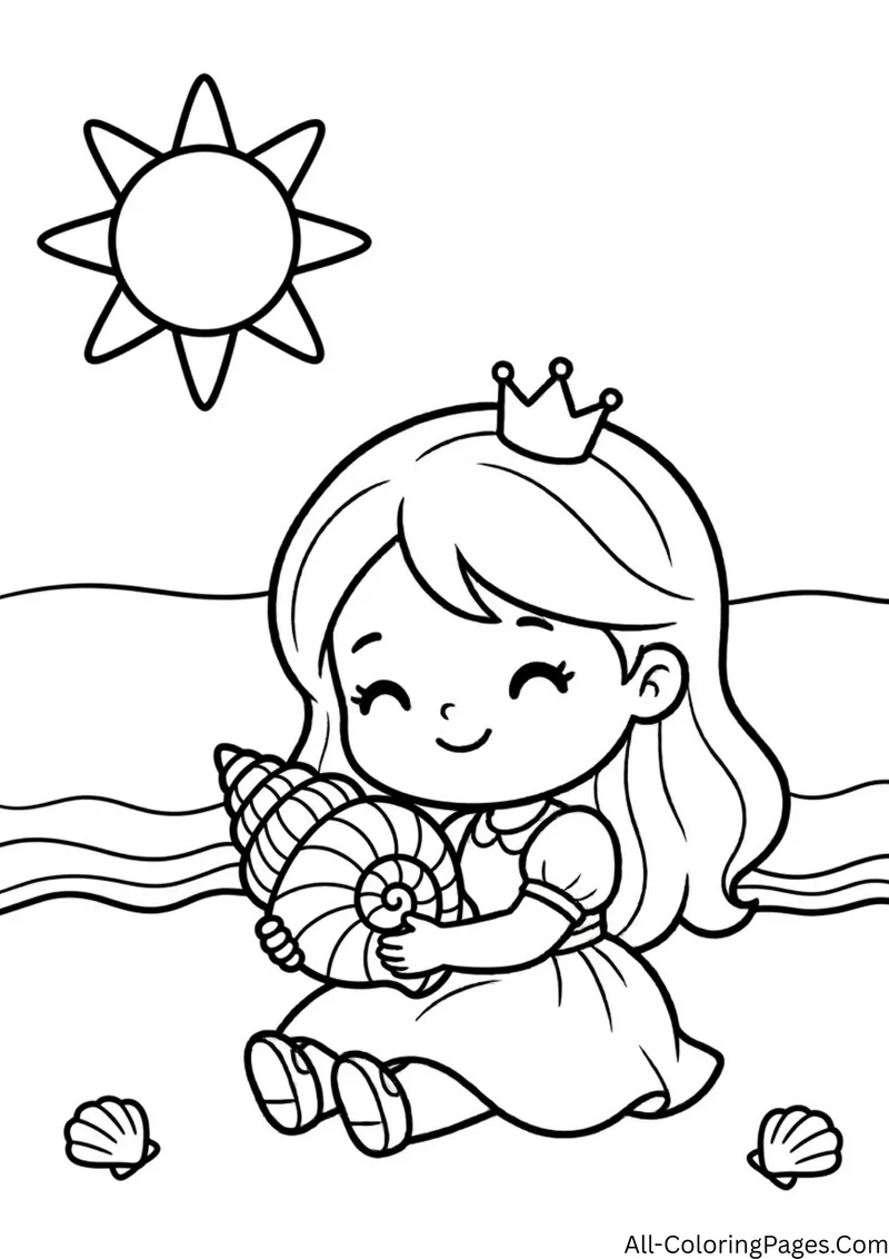 Princess in a crown sitting on the sand and hugging a large spiral seashell beside the waves and a sun