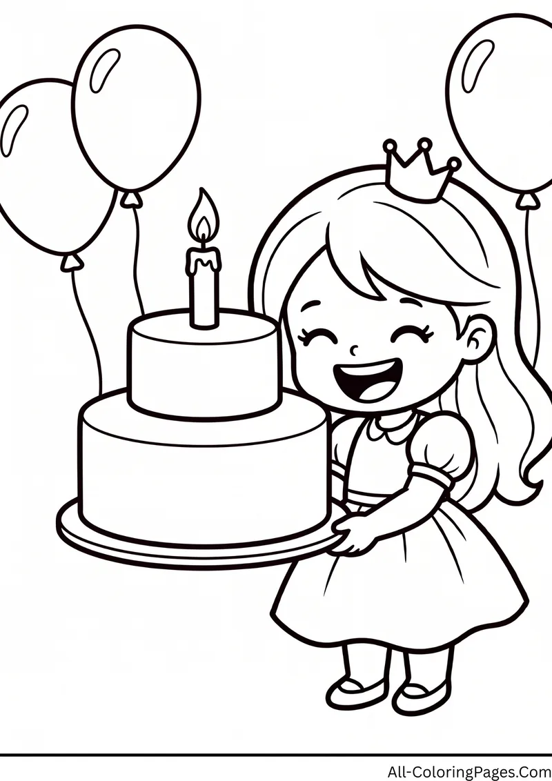 Laughing princess holding a tall two layer birthday cake with a candle, with balloons behind her