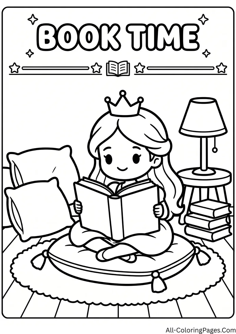 Princess sitting cross legged on a round cushion reading a big book next to a lamp, pillows and stacked books