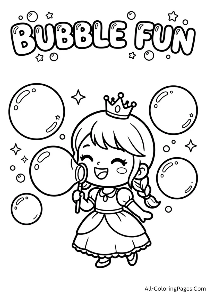 Princess blowing large bubbles with a bubble wand, with sparkles and bubbles around her