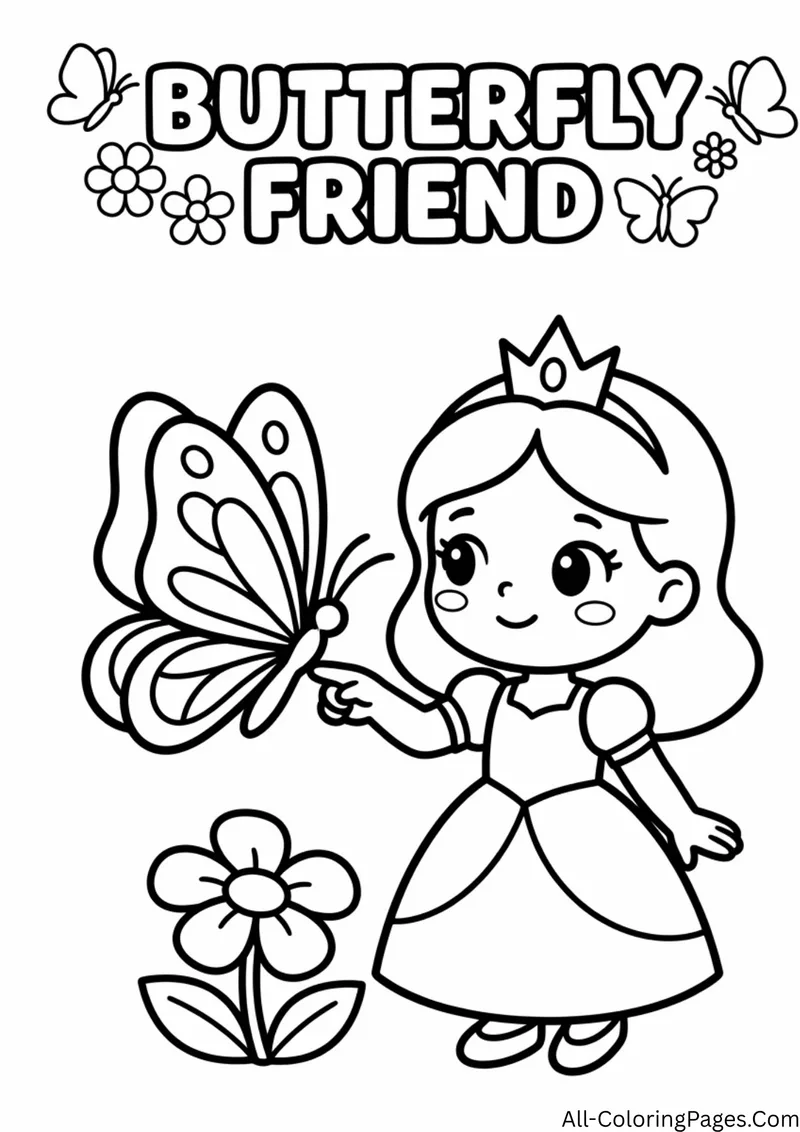 Princess reaching toward a giant butterfly with a large flower growing beside her