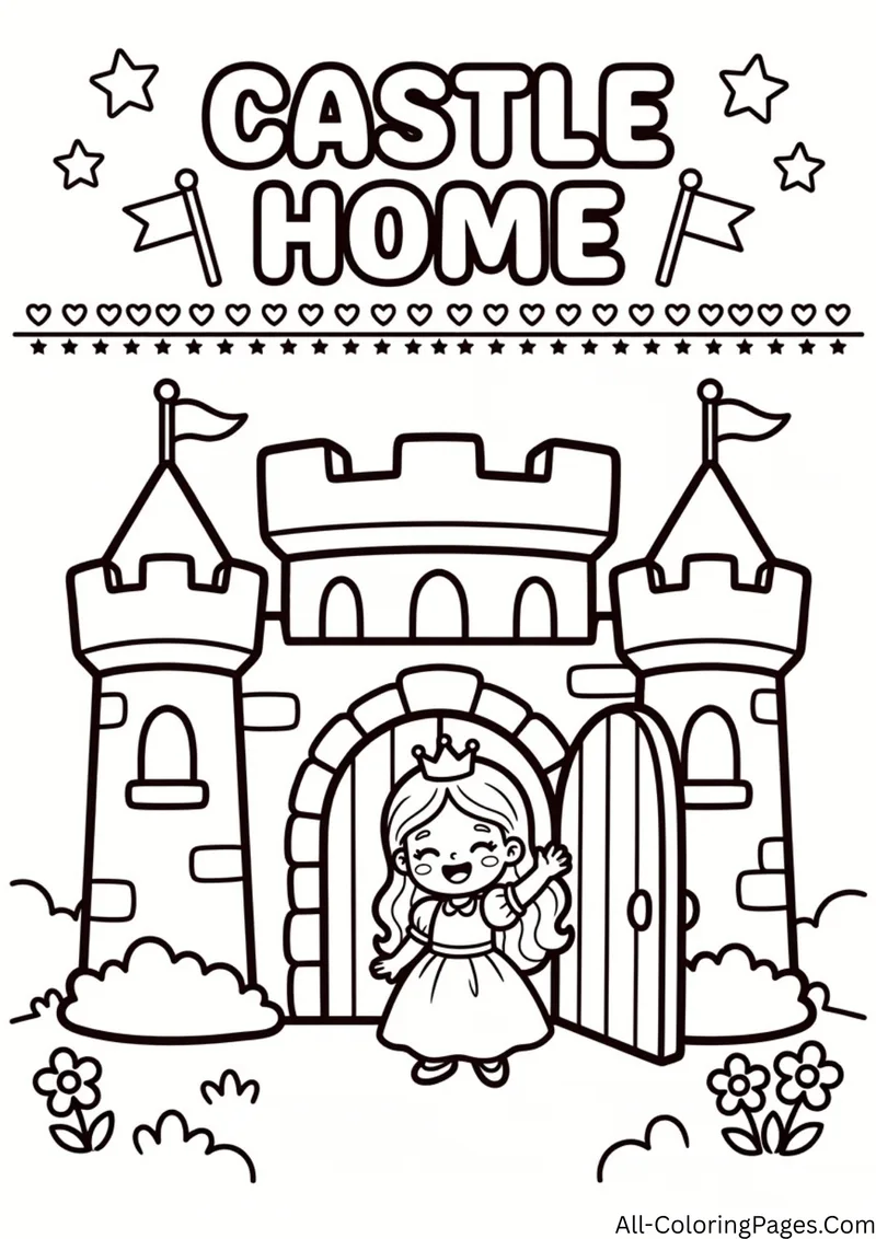 Small princess waving from the open door of a stone castle with flags, a heart border and flowers