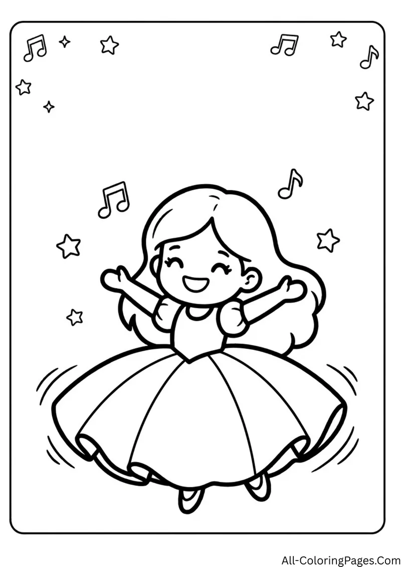 Princess twirling in a puffy gown with open arms, surrounded by music notes and stars