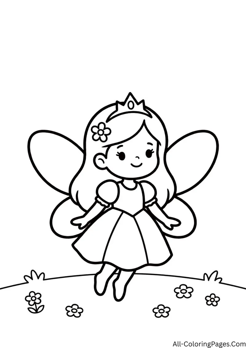 Princess with fairy wings and a flower in her hair sitting on a grassy hill dotted with small flowers