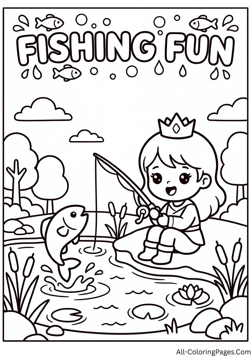 Princess fishing from the bank of a pond with a fish jumping out of the water, cattails and trees around
