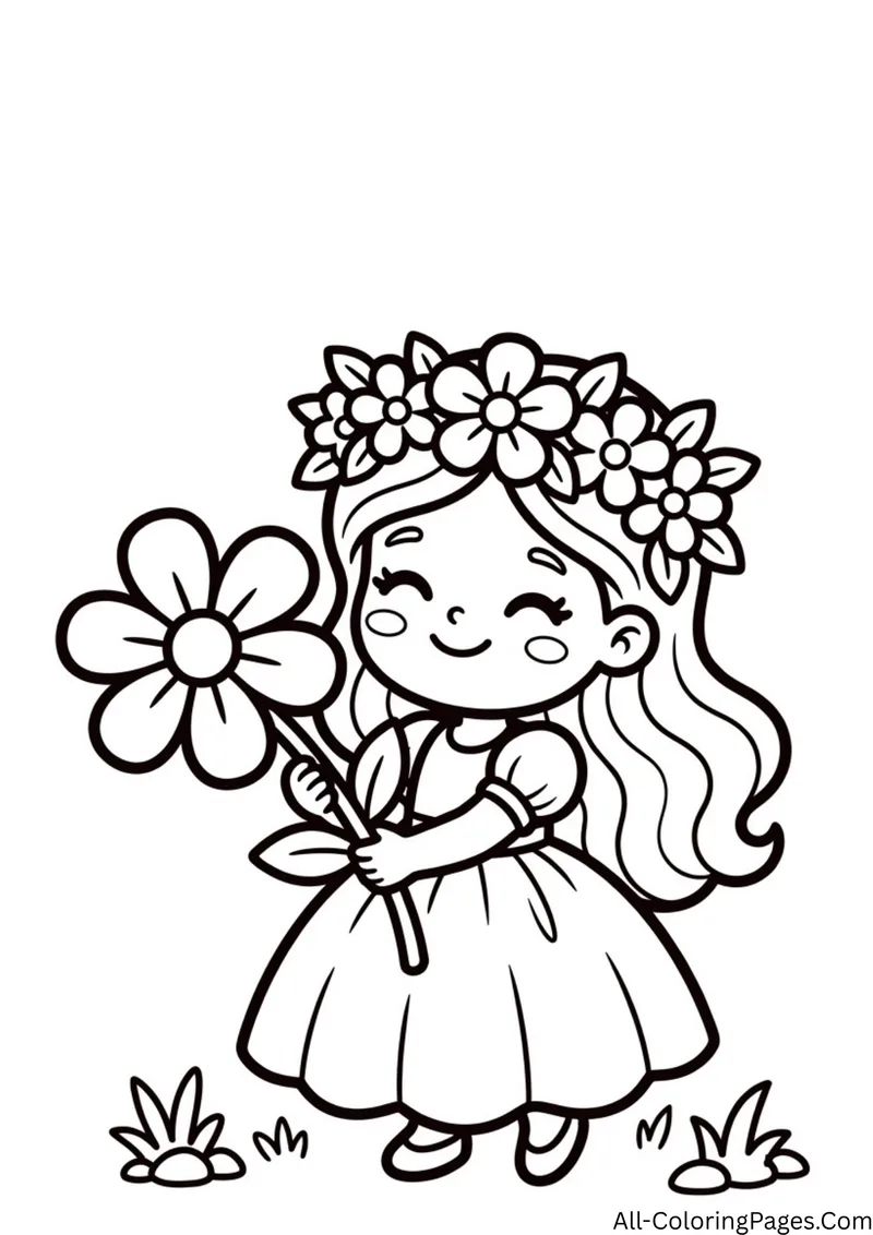 Princess wearing a flower crown and holding a giant flower, with grass and small plants at her feet