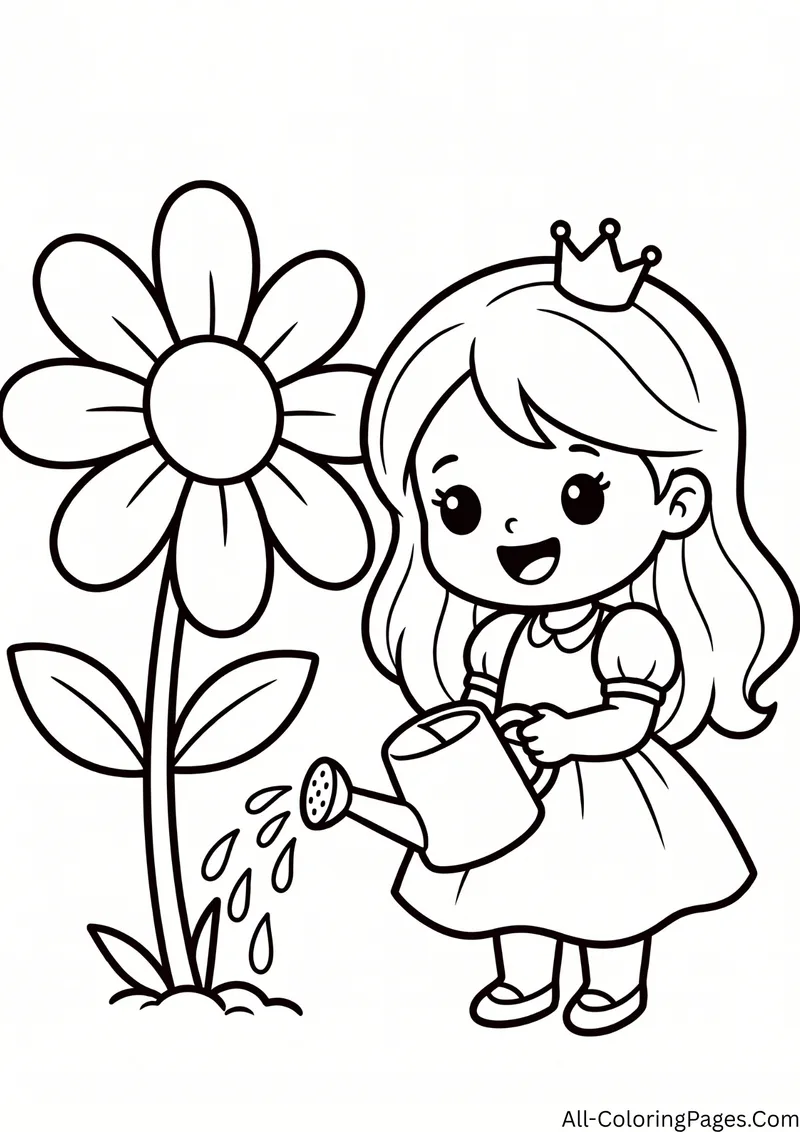 Princess with a crown watering a giant flower with a watering can