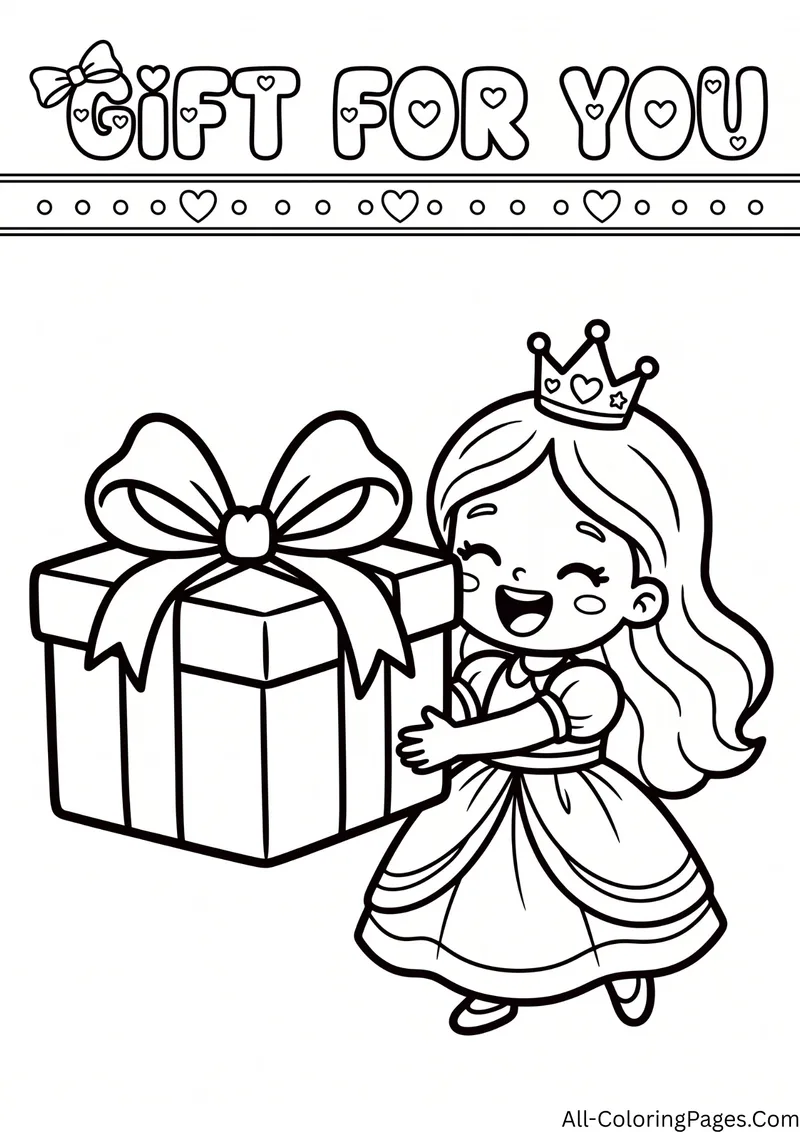 Happy princess hugging a large gift box with a big bow, under the words Gift for You