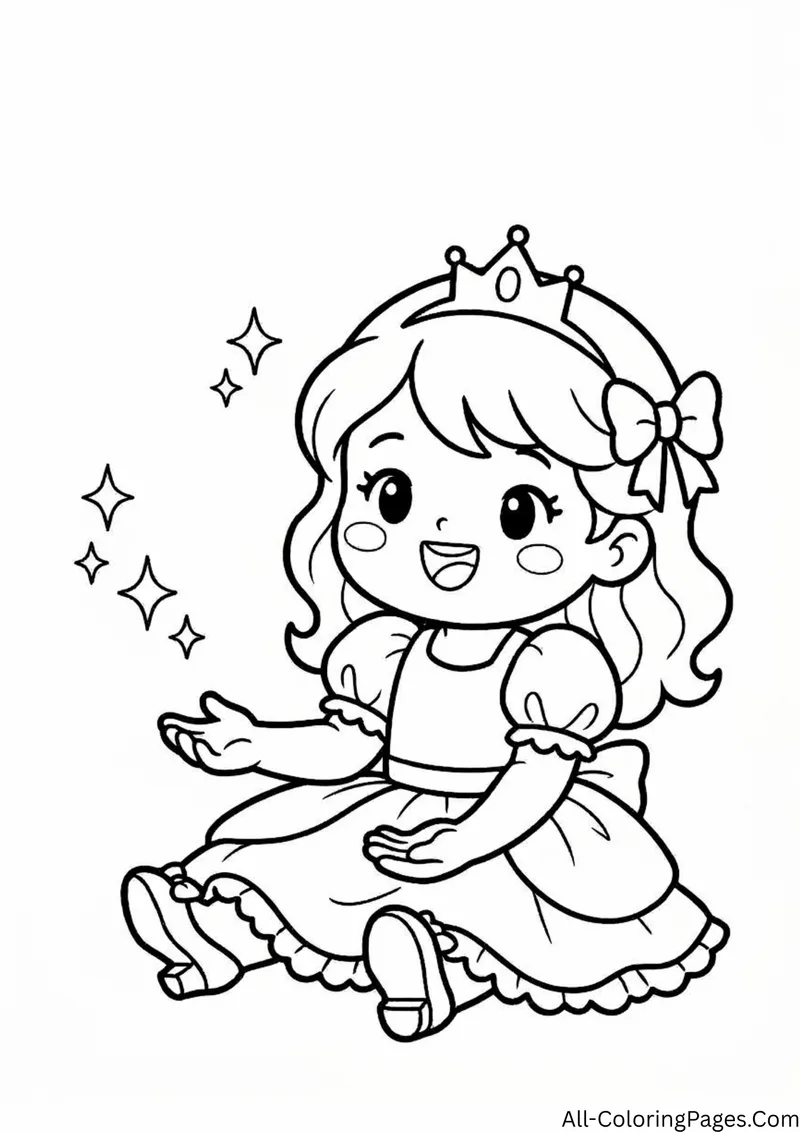 Princess with a hair bow sitting and waving hello, with small sparkles around her