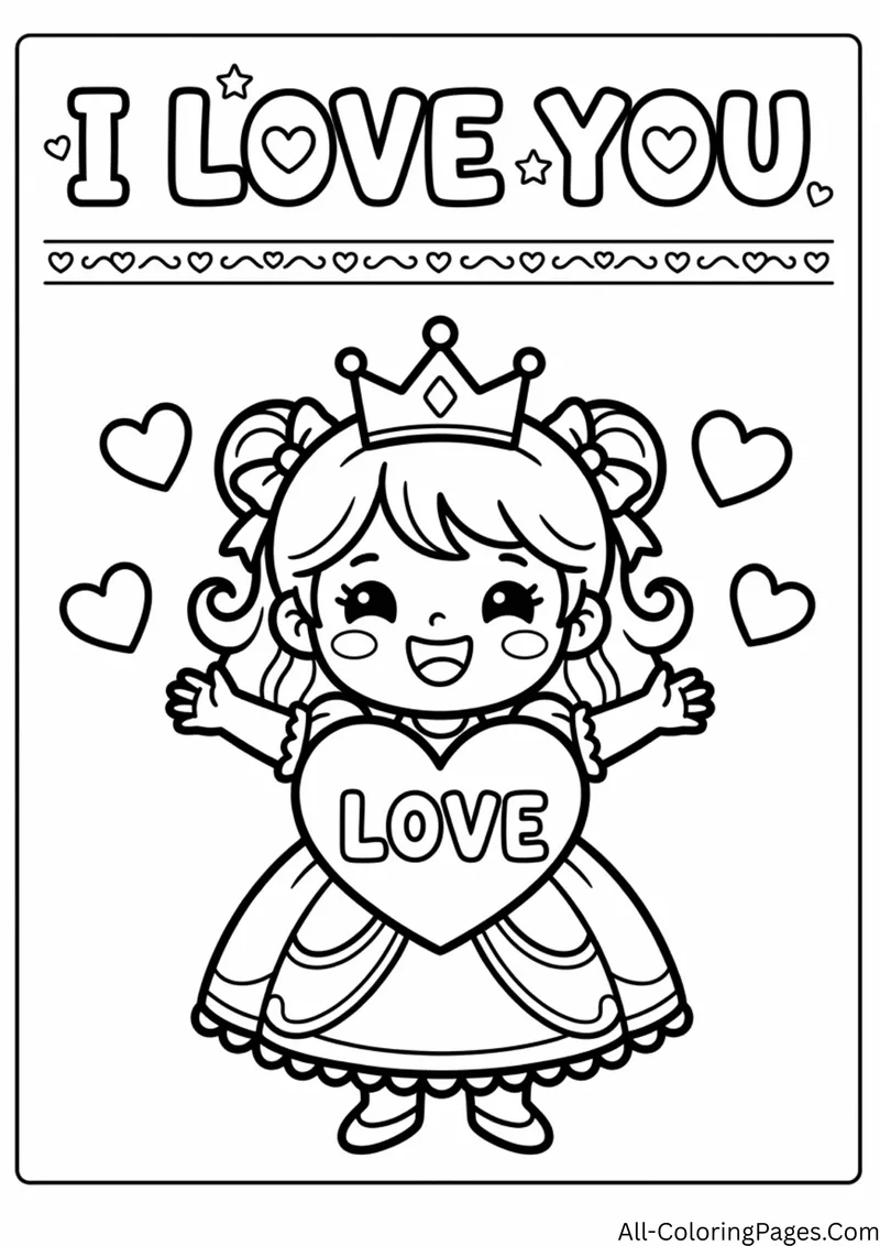 Smiling princess holding a heart that says Love, framed by hearts under the words I Love You