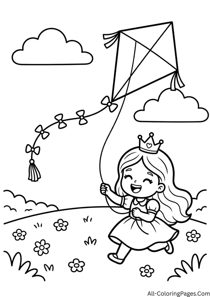 Princess running on a flowery hill while a large diamond kite with a bow tail flies above, with clouds nearby