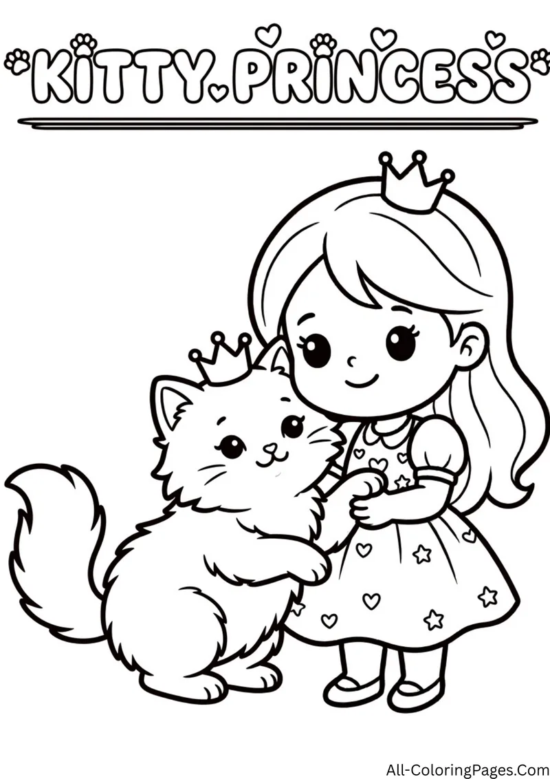 Princess in a star and heart dress hugging a fluffy kitten that wears its own small crown