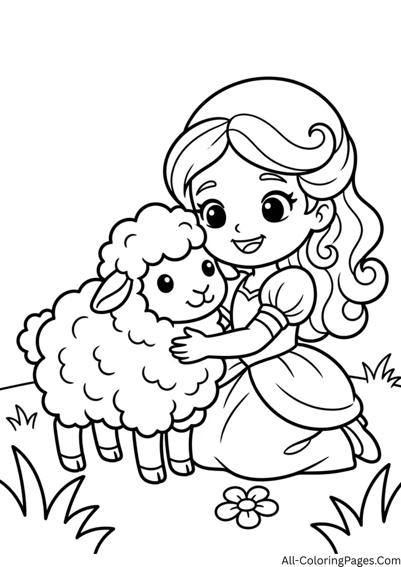 Princess kneeling on grass and hugging a curly lamb, with a small flower nearby