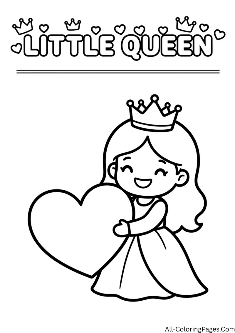 Smiling little queen in a crown hugging a giant heart