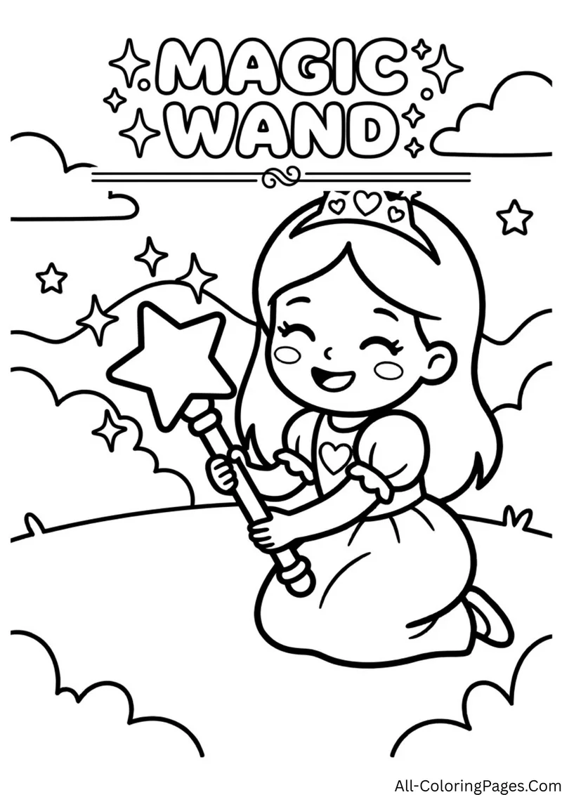 Kneeling princess holding a star shaped magic wand on a hill with clouds and sparkles