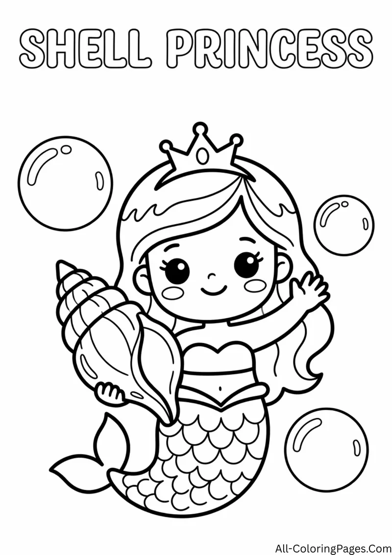 Mermaid princess with a crown holding a spiral shell, with a scaly tail and large bubbles around her
