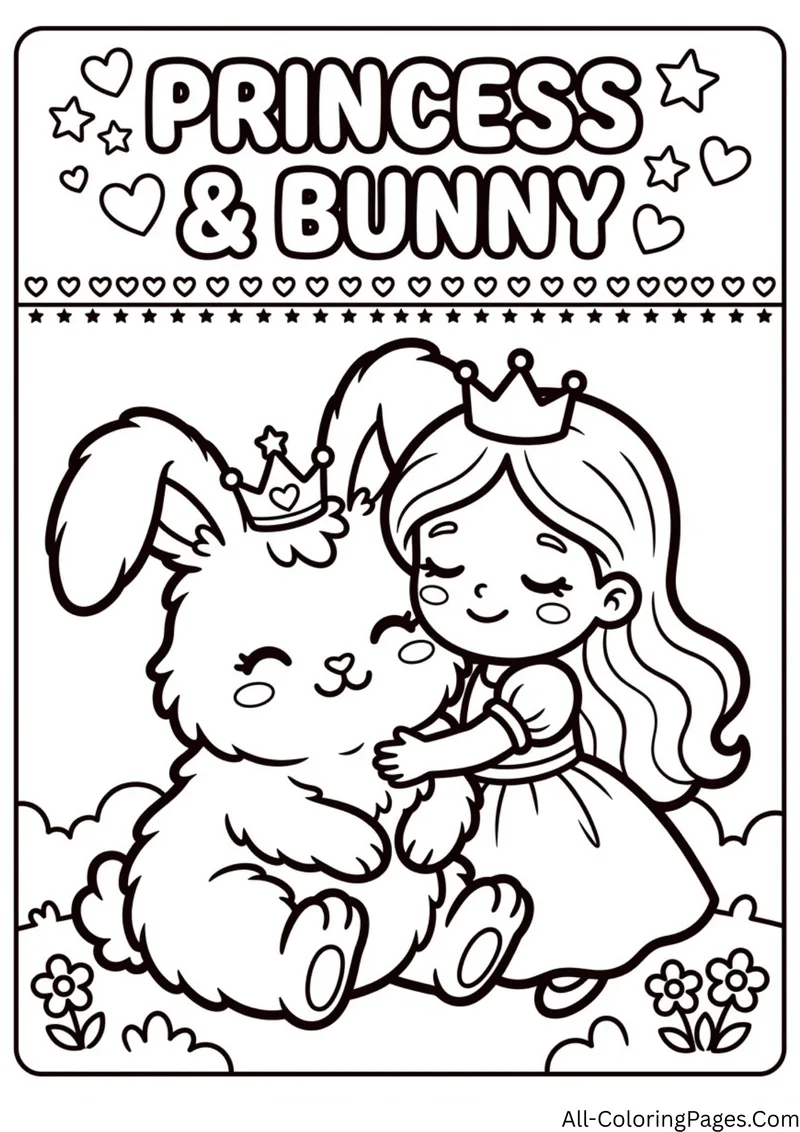 Princess hugging a fluffy bunny that wears a tiny crown, with hearts and flowers in a framed border
