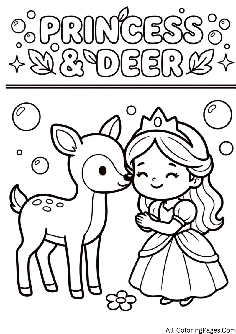 Princess and a spotted baby deer touching noses, with bubbles and leaves around them