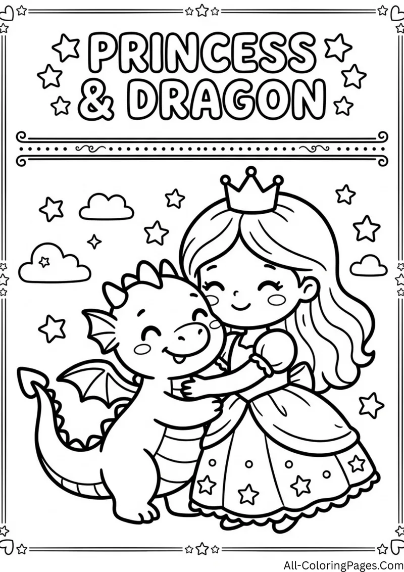 Princess hugging a smiling baby dragon with wings, with stars and clouds in a decorative frame